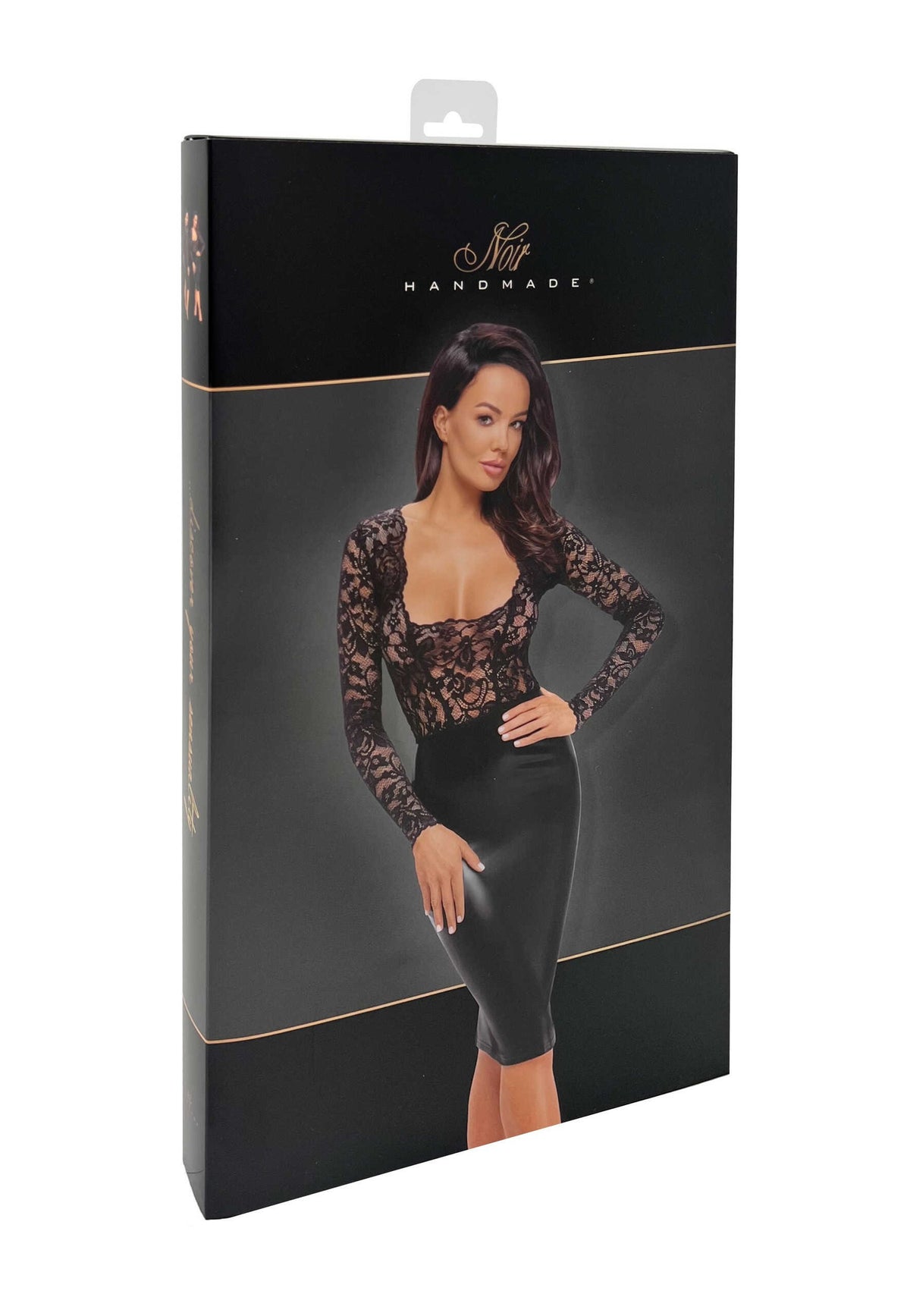 F295 Euphoria Robe midi en dentelle et wetlook – Noir Handmade – vue 6