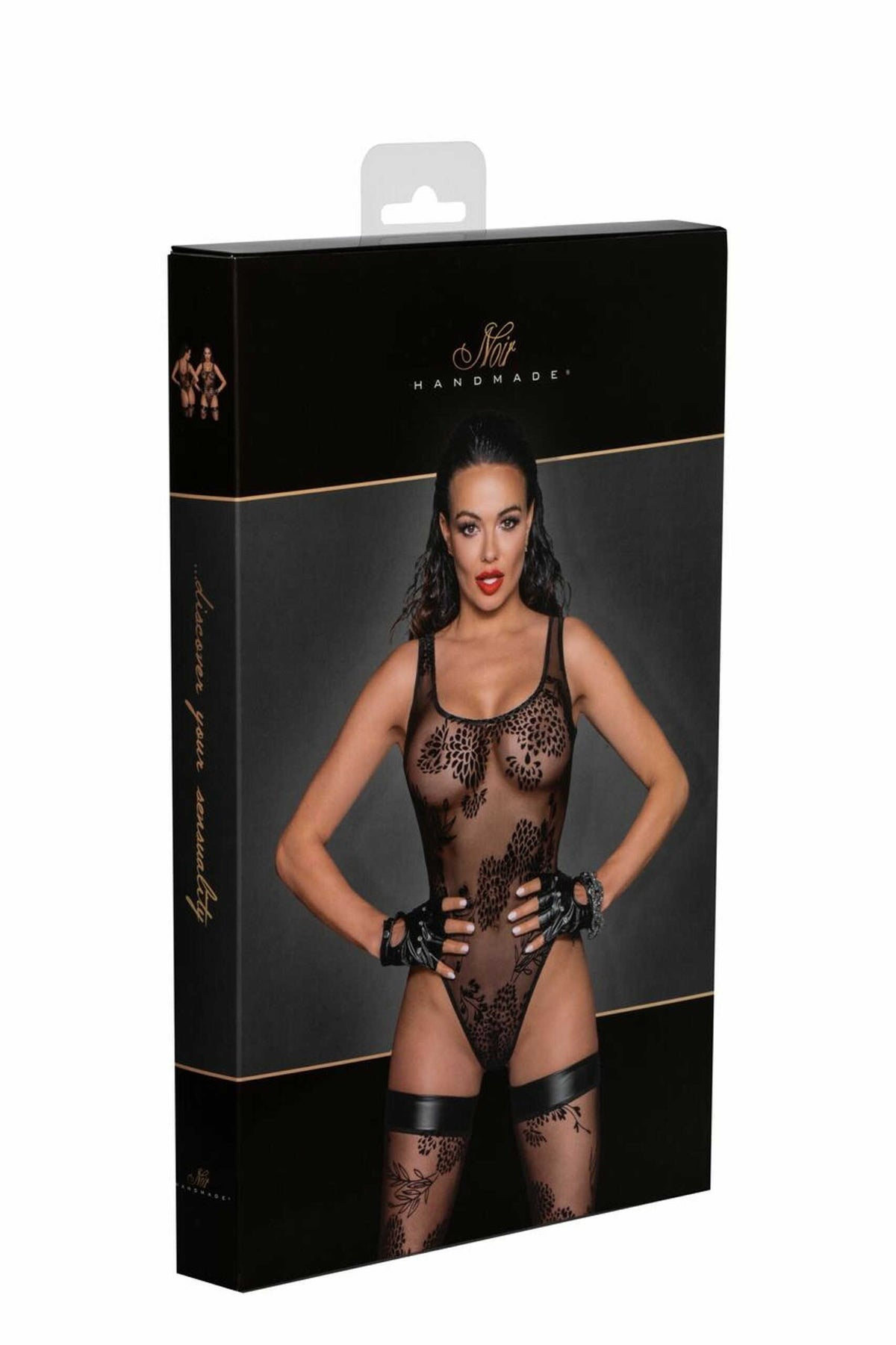 F242 Tulle body avec broderie flock à motifs – Noir Handmade – vue 7