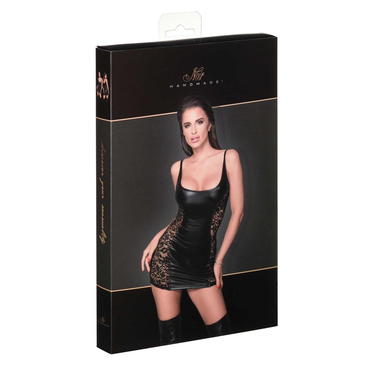 F229 Robe en Powerwetlook avec empiècements en dentelle – Noir Handmade – vue 4
