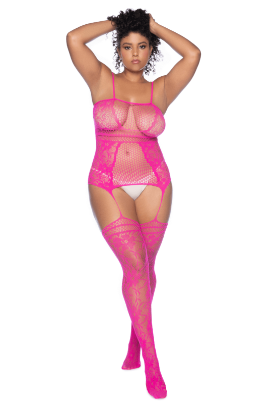 Combinaison résille rose avec bas intégrés grande taille – Mapalé
