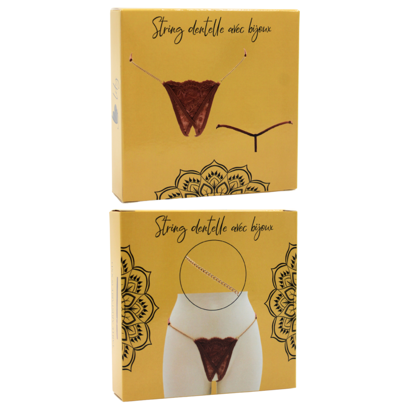 String en dentelle taupe ouvert avec chaînes dorées Be Lily Panties