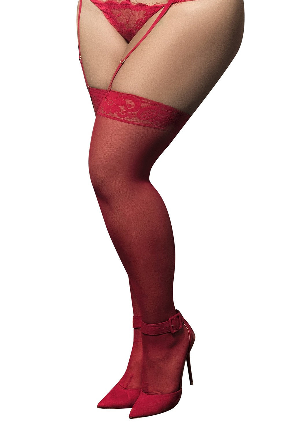 Bas nylon rouges autofixants, grande taille, jarretières dentelle – Mapalé – vue 1