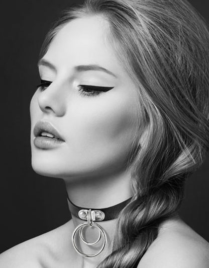 Collier en cuir noir SM avec double anneau métal argenté pour laisse