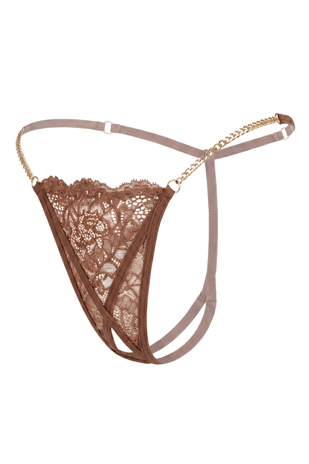 String en dentelle taupe ouvert avec chaînes dorées – Be Lily Panties – vue 1