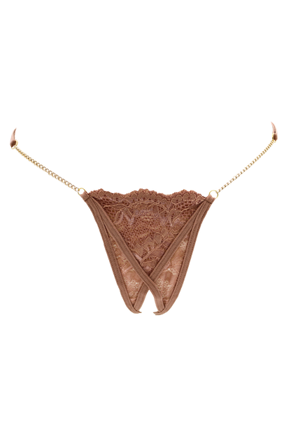 String en dentelle taupe ouvert avec chaînes dorées – Be Lily Panties – vue 3