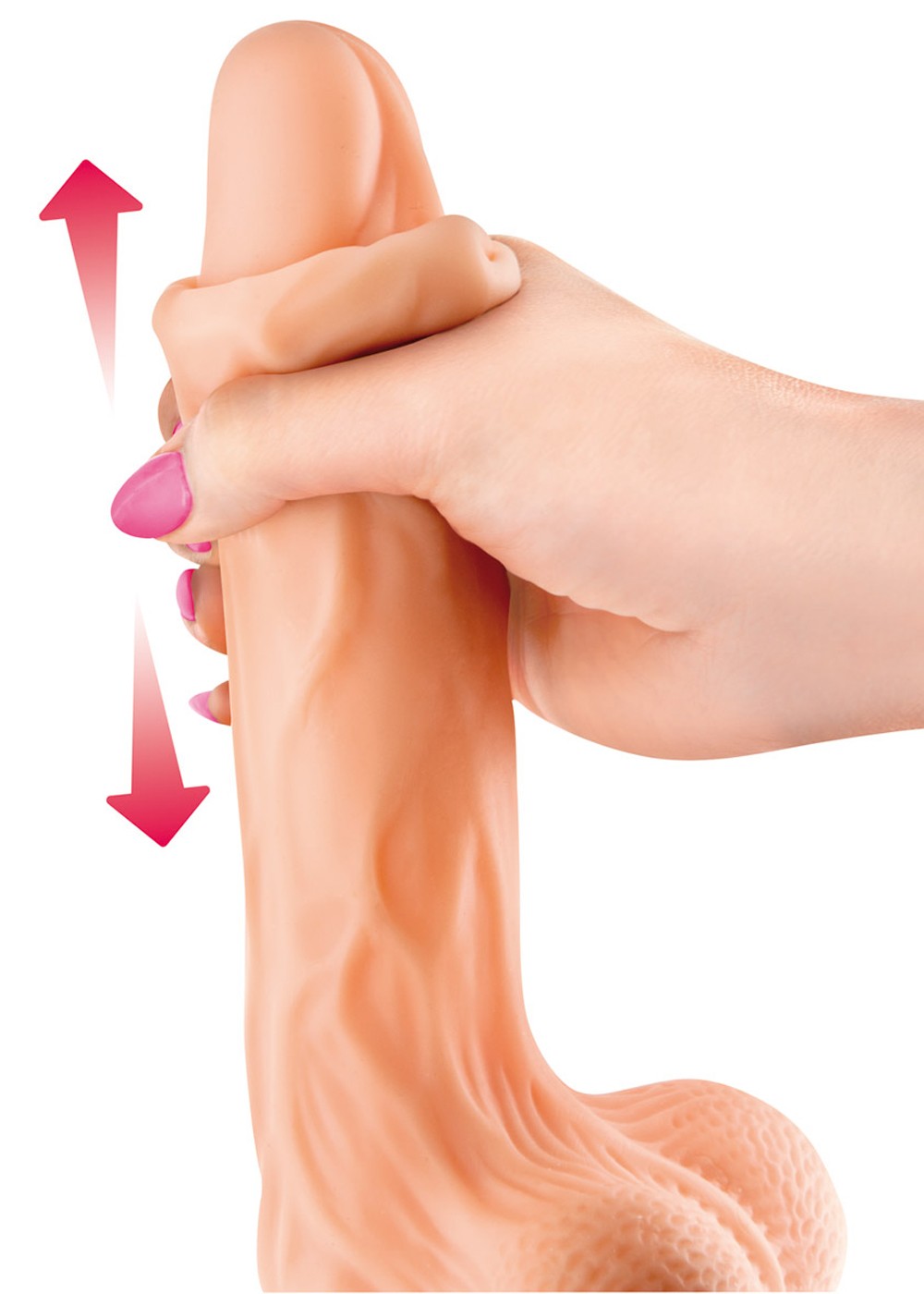 Gode réaliste veiné ventouse va-et-vient prépuce testicules billes mouvantes 18.5cm