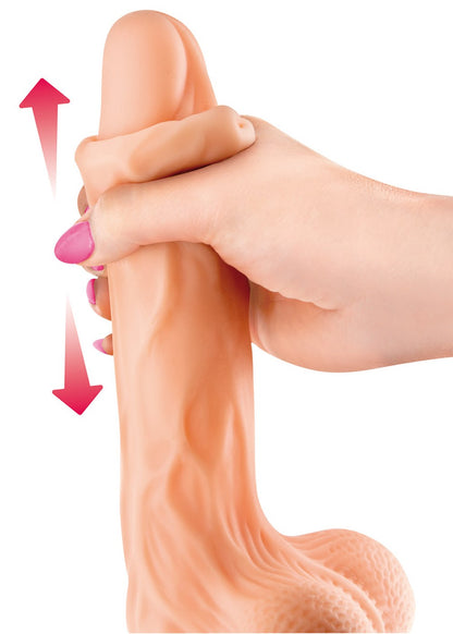 Gode réaliste veiné ventouse va-et-vient prépuce testicules billes mouvantes 18.5cm