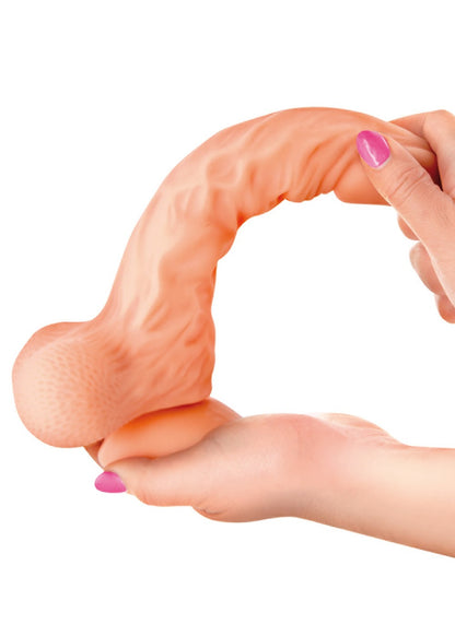 Gode réaliste veiné ventouse va-et-vient prépuce testicules billes mouvantes 20 cm
