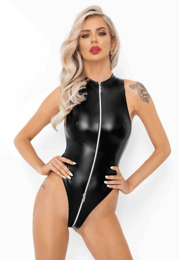 F294 Body Powerwetlook avec fermeture éclair sur le devant – Noir Handmade – vue 1