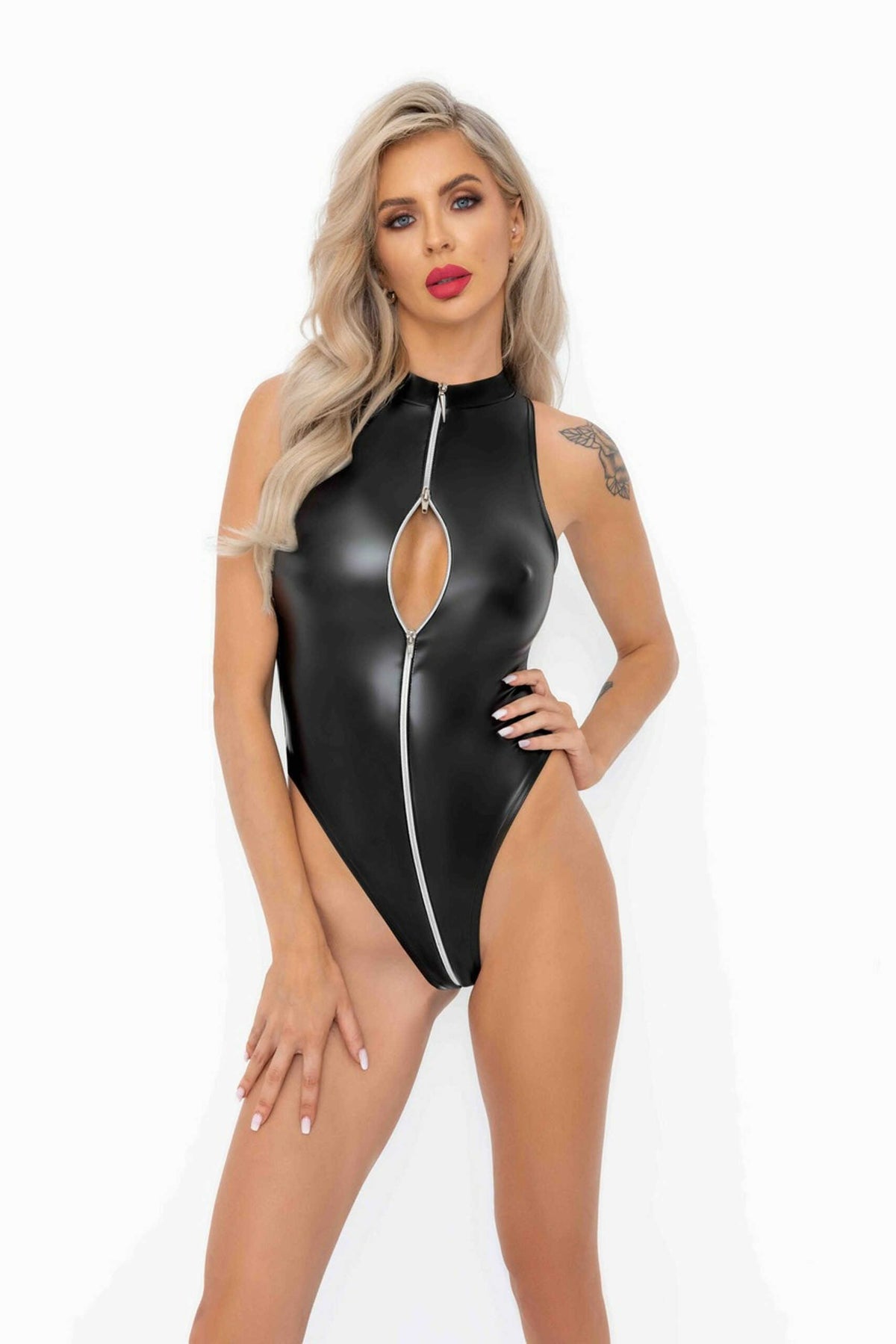 F294 Body Powerwetlook avec fermeture éclair sur le devant – Noir Handmade – vue 2
