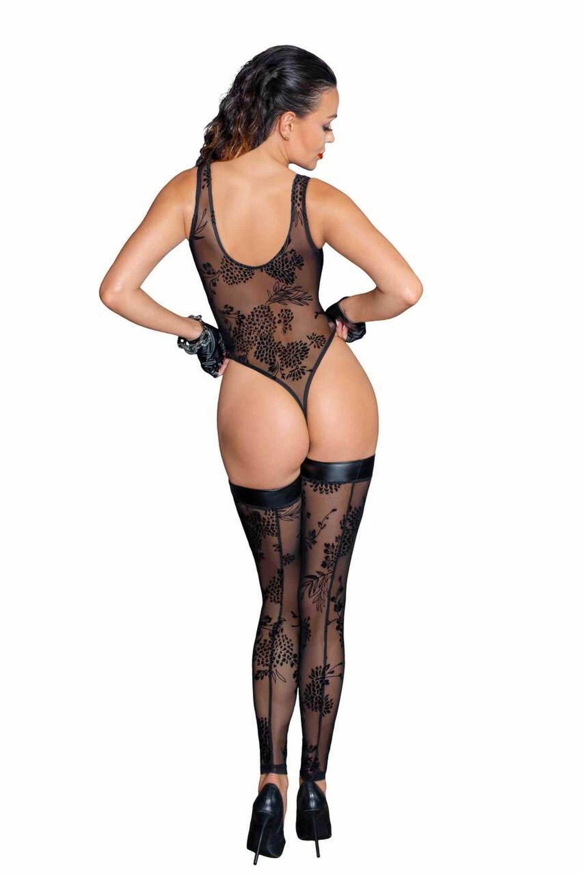 F242 Tulle body avec broderie flock à motifs – Noir Handmade – vue 2