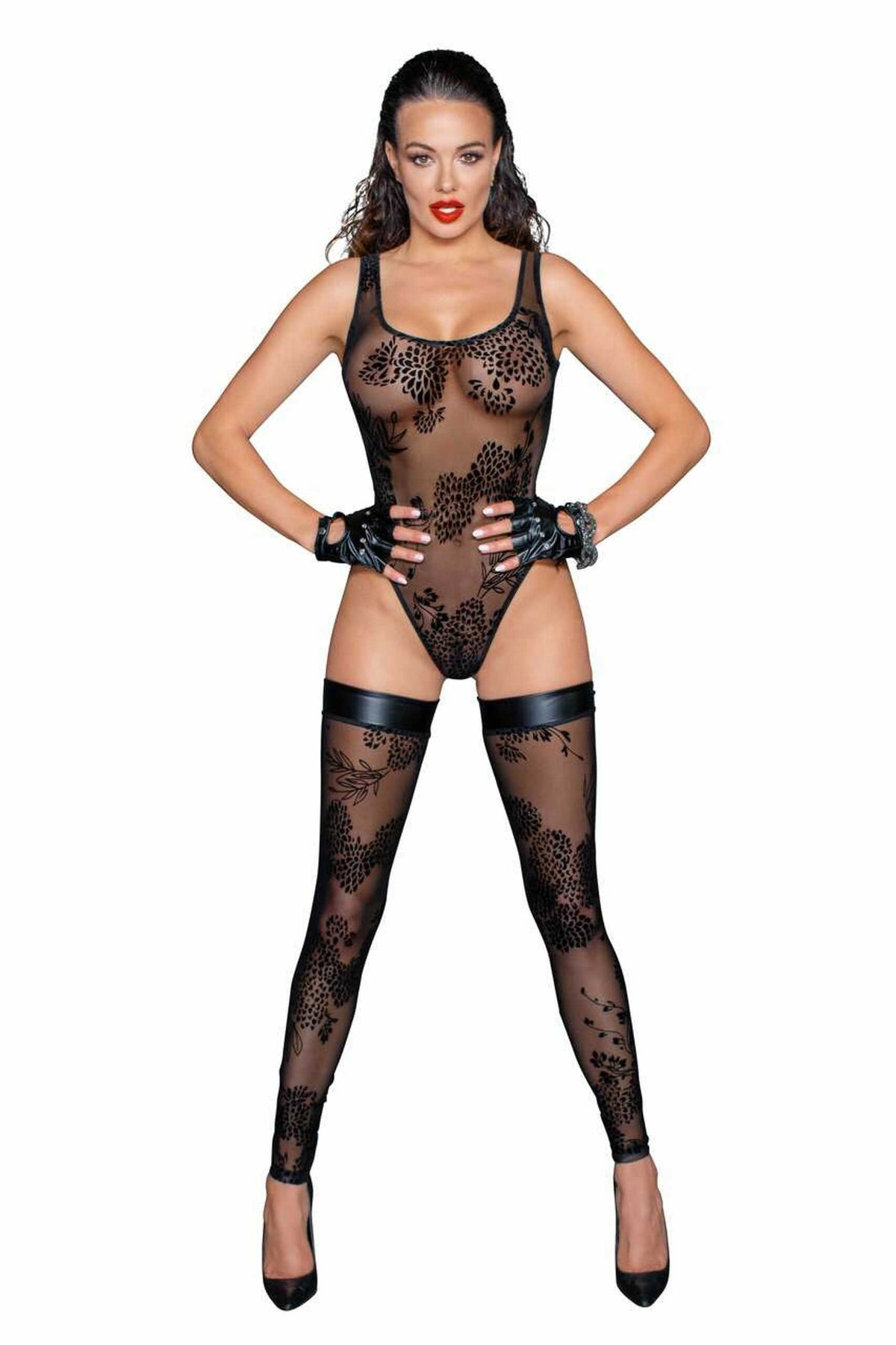 F242 Tulle body avec broderie flock à motifs – Noir Handmade – vue 3