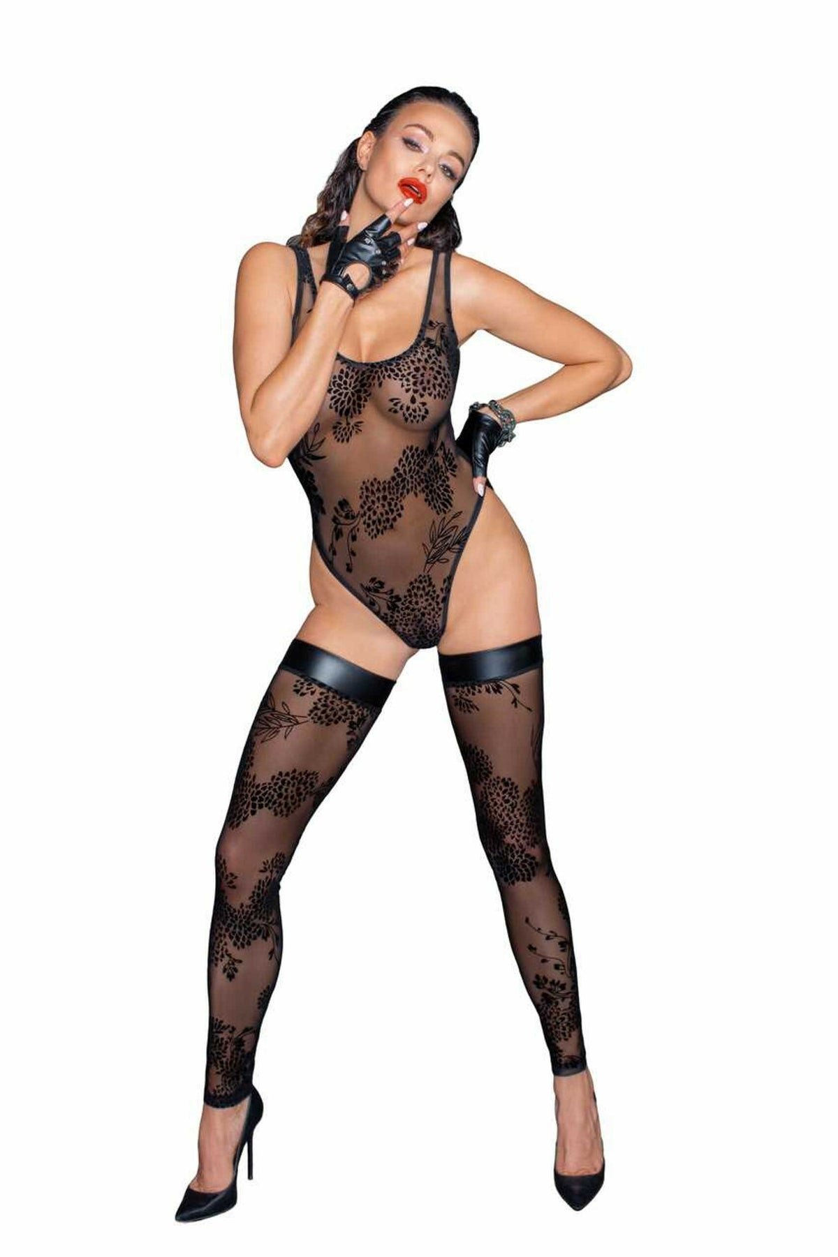 F242 Tulle body avec broderie flock à motifs – Noir Handmade – vue 4