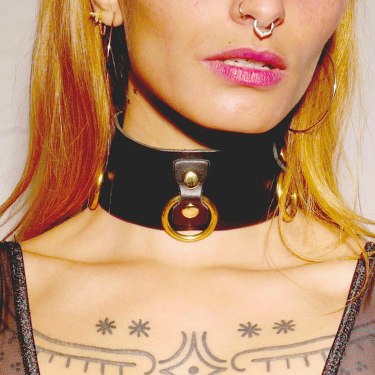 Collier en cuir Collection Anneaux NOIR & GOLD – The Sinners – vue 1