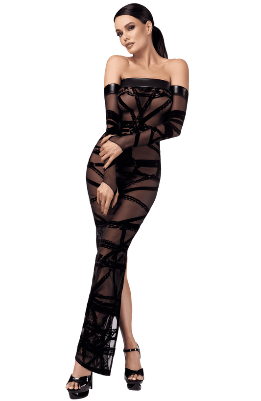 F358 Bondesque Opera Robe longue épaule décolletée – Noir Handmade – vue 1