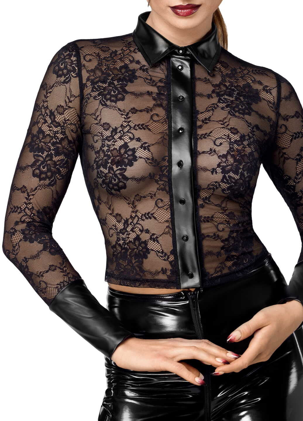 F377 Noirelle Chemise en dentelle boutonnée – Noir Handmade – vue 4