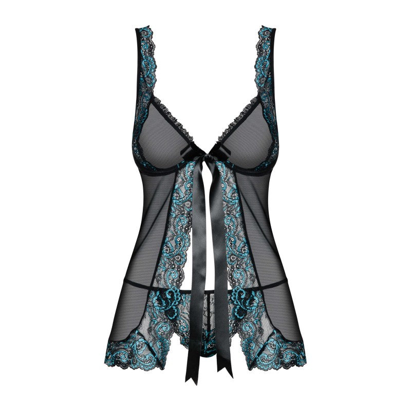 Babydoll Amanta noire turquoise en dentelle Obsessive
