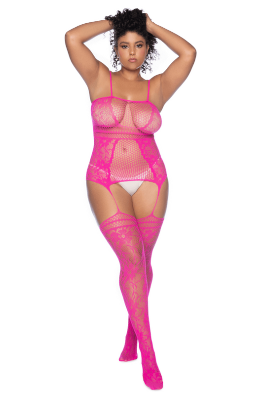 Combinaison résille rose avec bas intégrés grande taille – Mapalé
