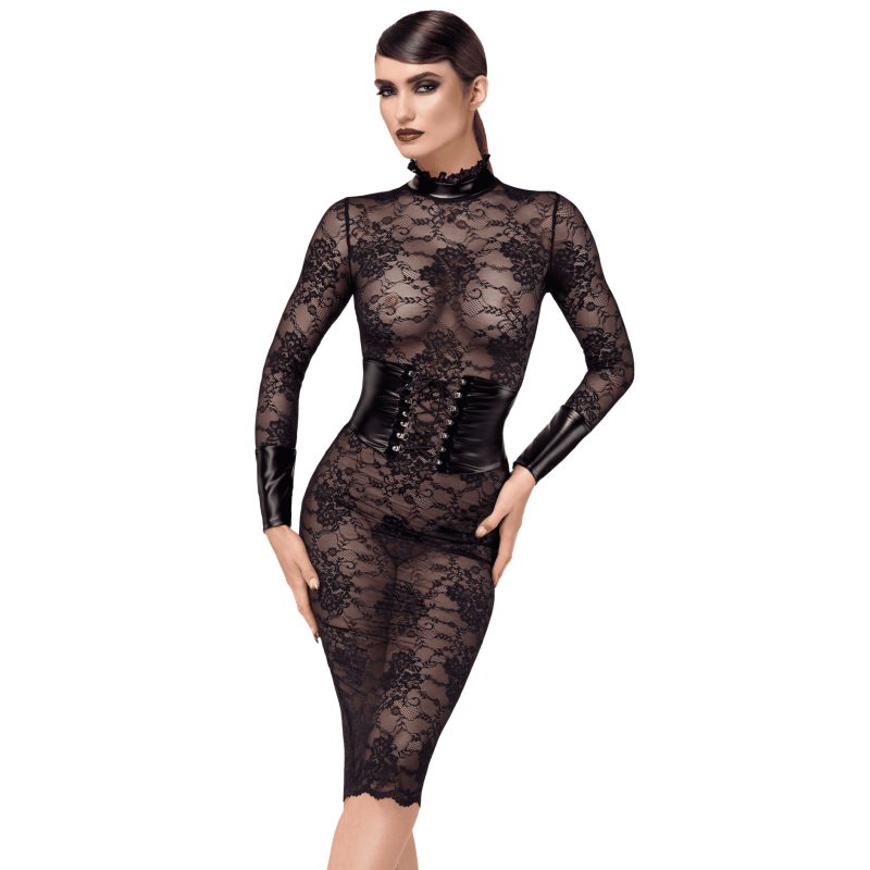 F375 Noirelle Robe corset mi-longue en dentelle Noir Handmade