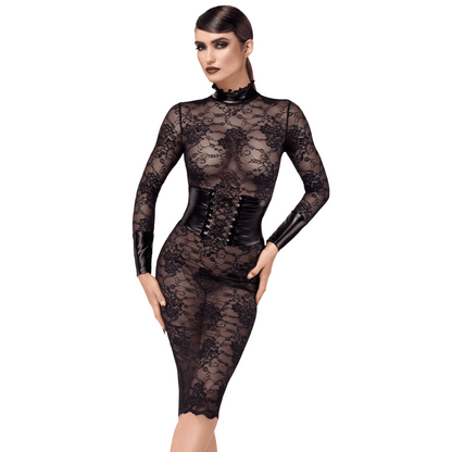 F375 Noirelle Robe corset mi-longue en dentelle Noir Handmade