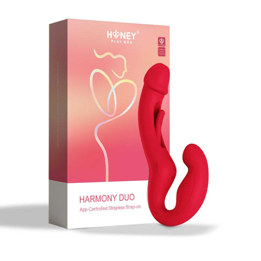 Harmony Duo Strap on vibrant avec tapotage Rouge Honey Play box