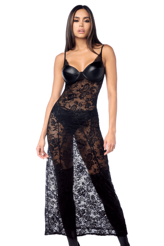 Robe longue sexy en dentelle cuir avec string et porte-jarretelles Mapalé