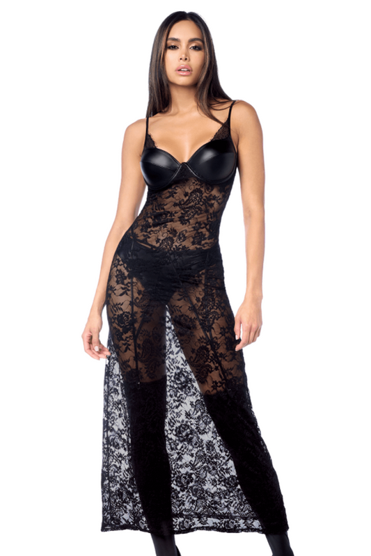 Robe longue sexy en dentelle cuir avec string et porte-jarretelles Mapalé